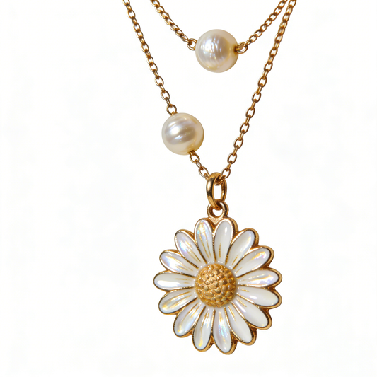 Gold Double Layer Daisy Pearl Necklace