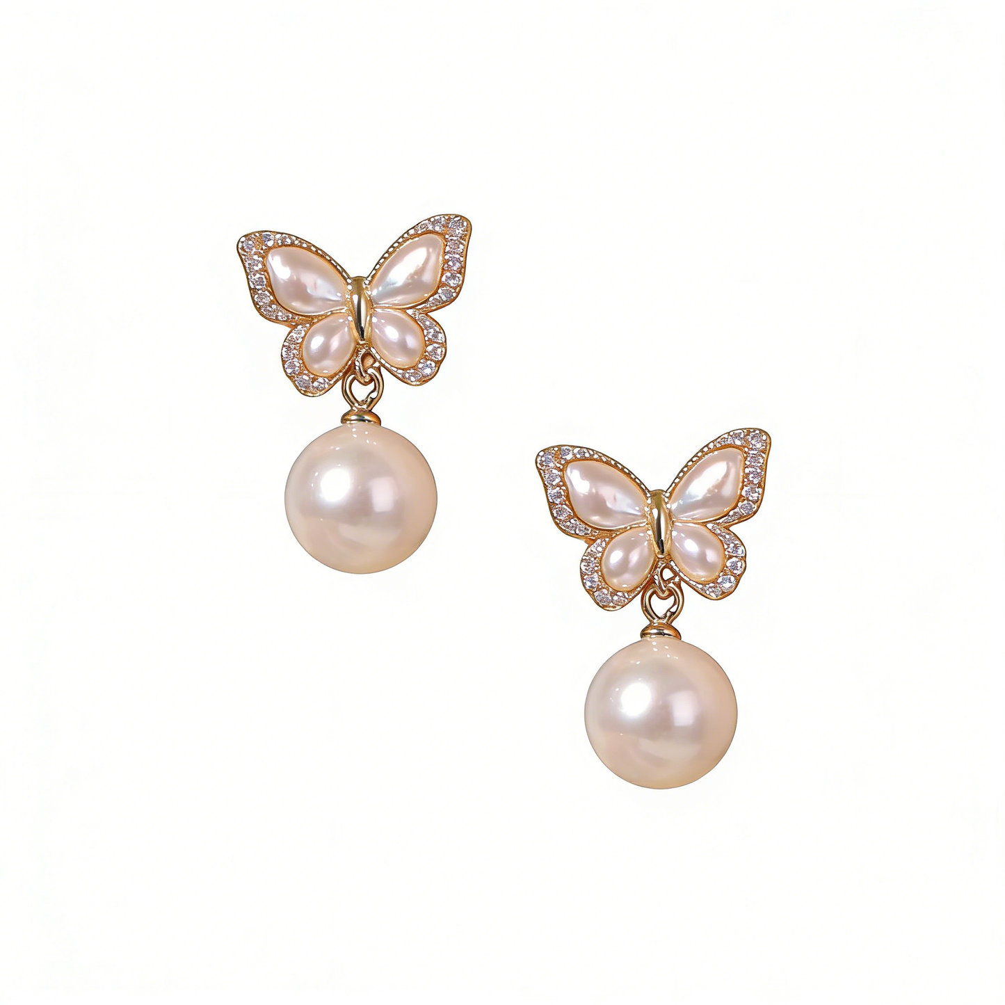 Gold Butterfly & Pearl Drop Earrings