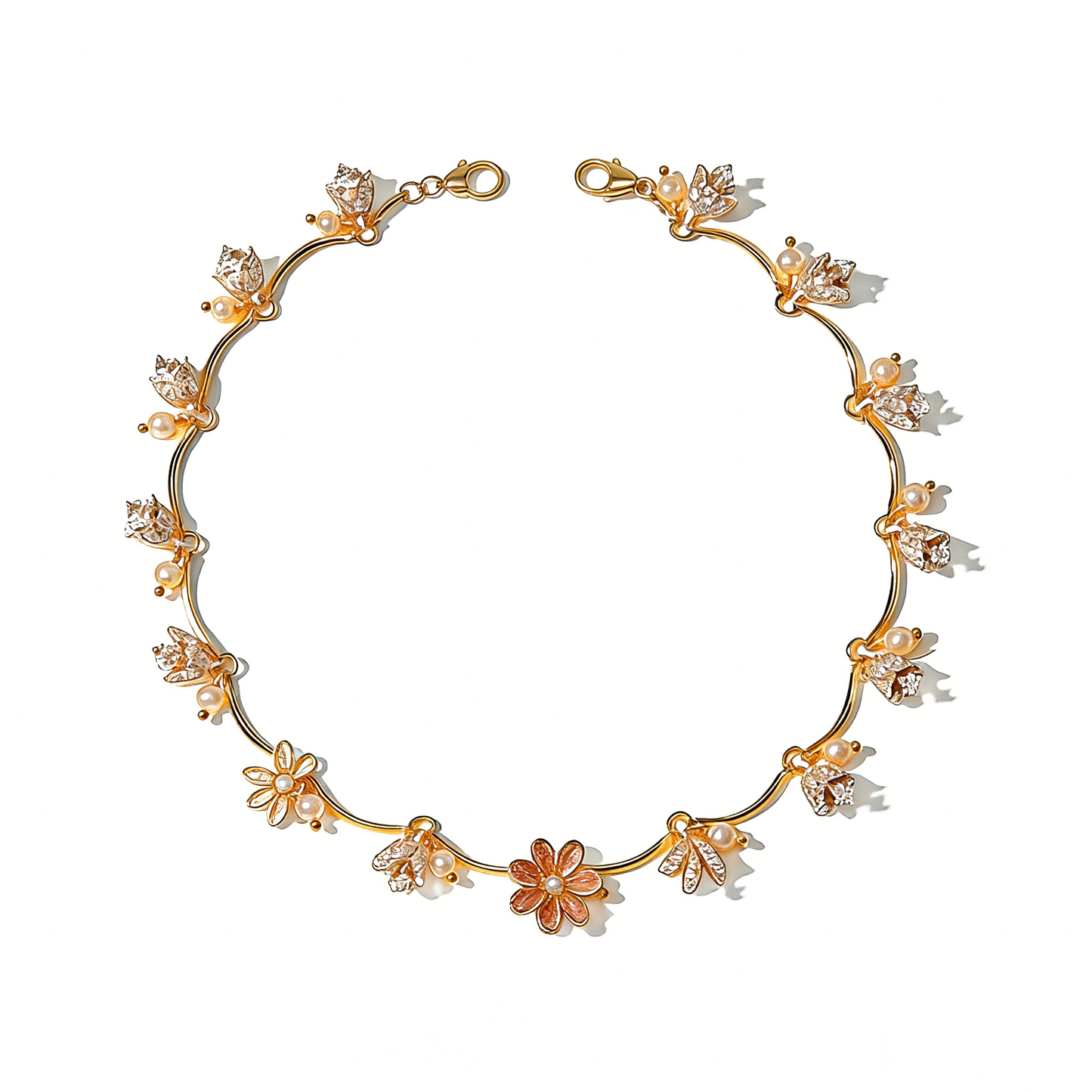 Gold Floral & Leaf Pearl Bracelet