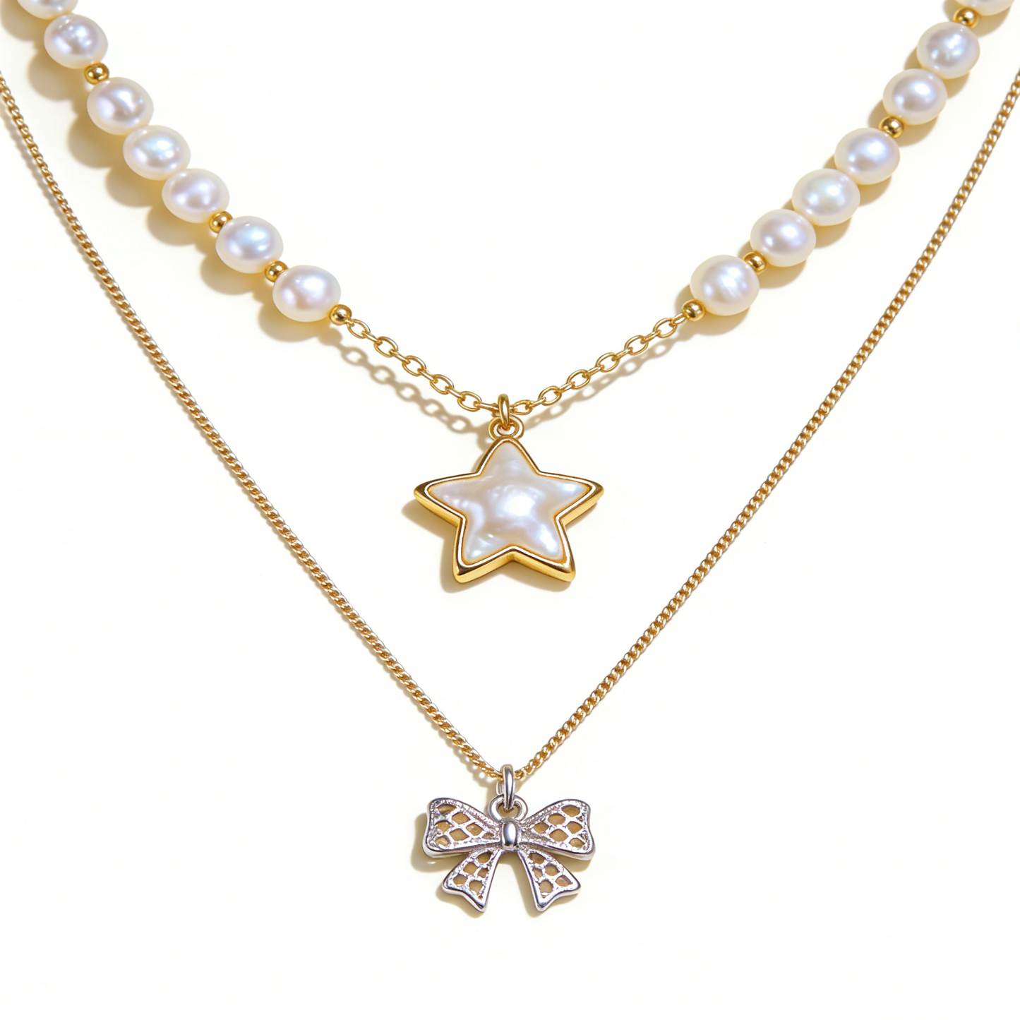 Layered Pearl Star & Bow Pendant Necklace