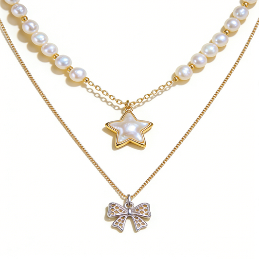 Layered Pearl Star & Bow Pendant Necklace