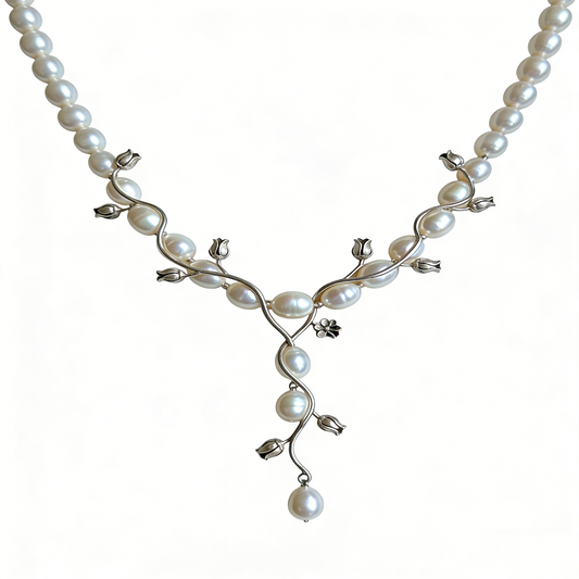 Silver Vine & Pearl Branch Necklace
