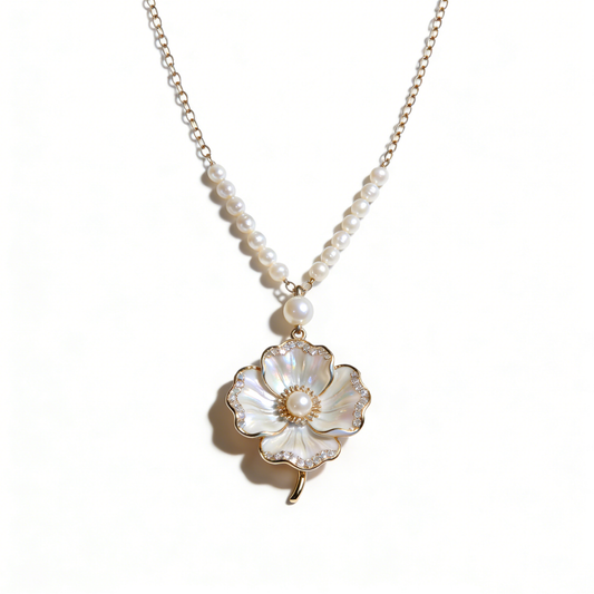 Gold Mother-of-Pearl Flower Pendant Necklace