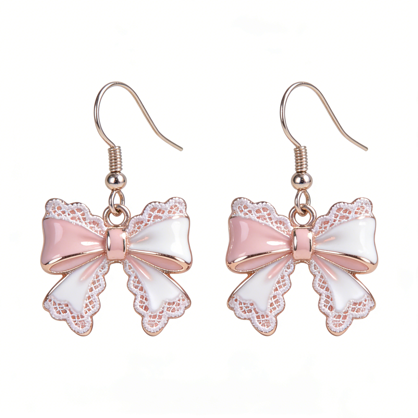 Rose Gold Pink & White Bow Drop Earrings