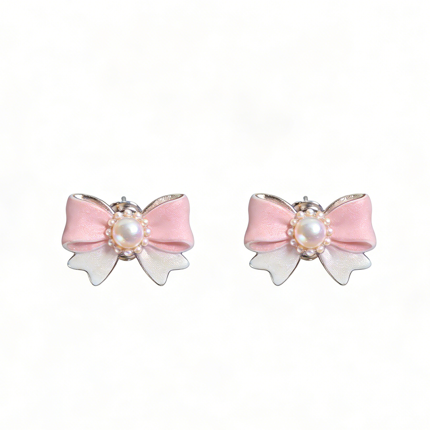 Pink & White Bow Pearl Stud Earrings
