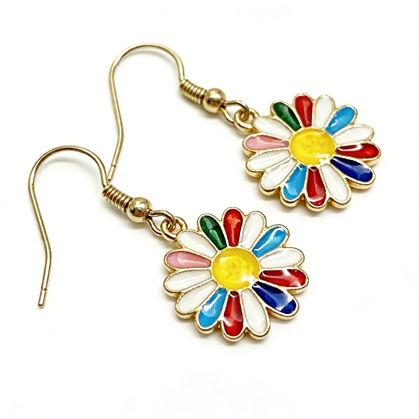 Gold Multicolor Enamel Daisy Drop Earrings