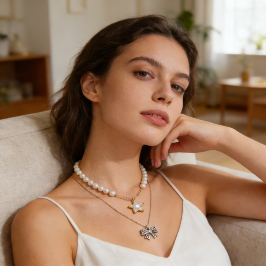 Layered Pearl Star & Bow Pendant Necklace