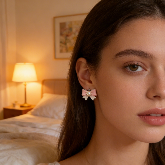 Pink & White Bow Pearl Stud Earrings
