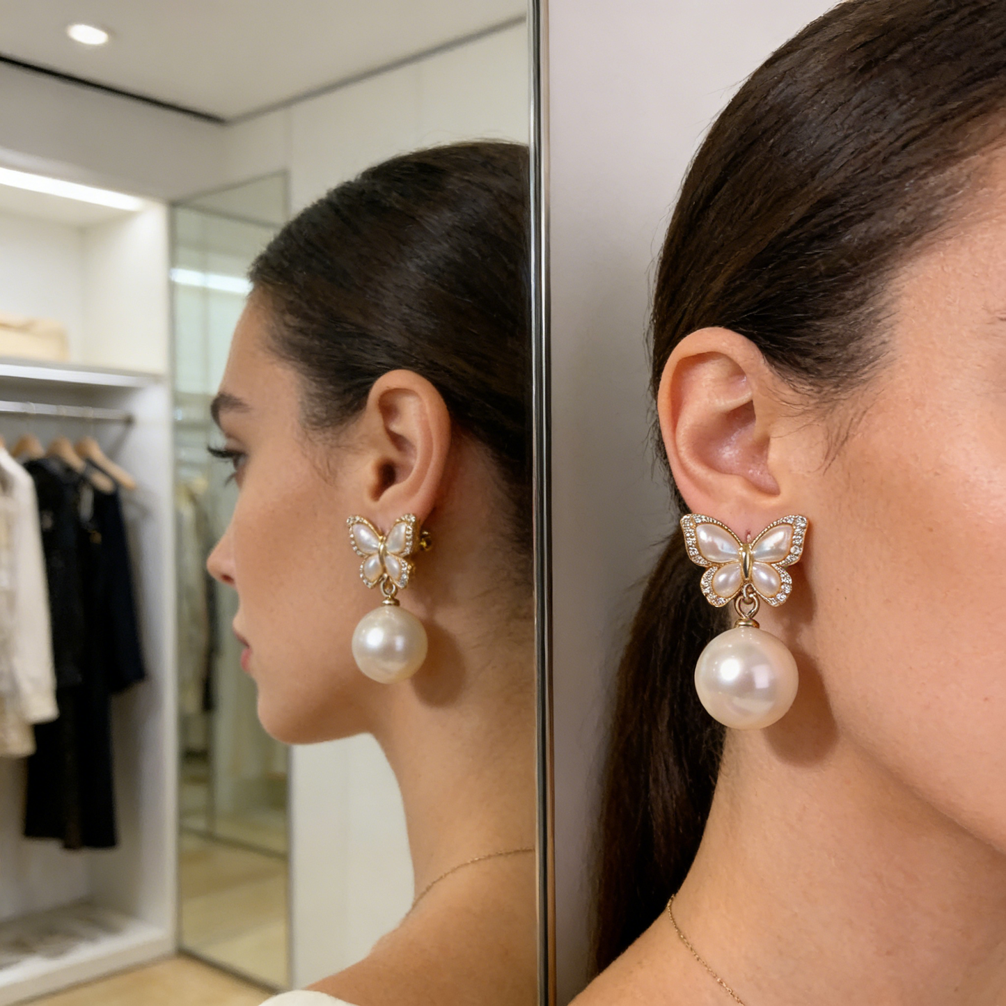 Gold Butterfly & Pearl Drop Earrings