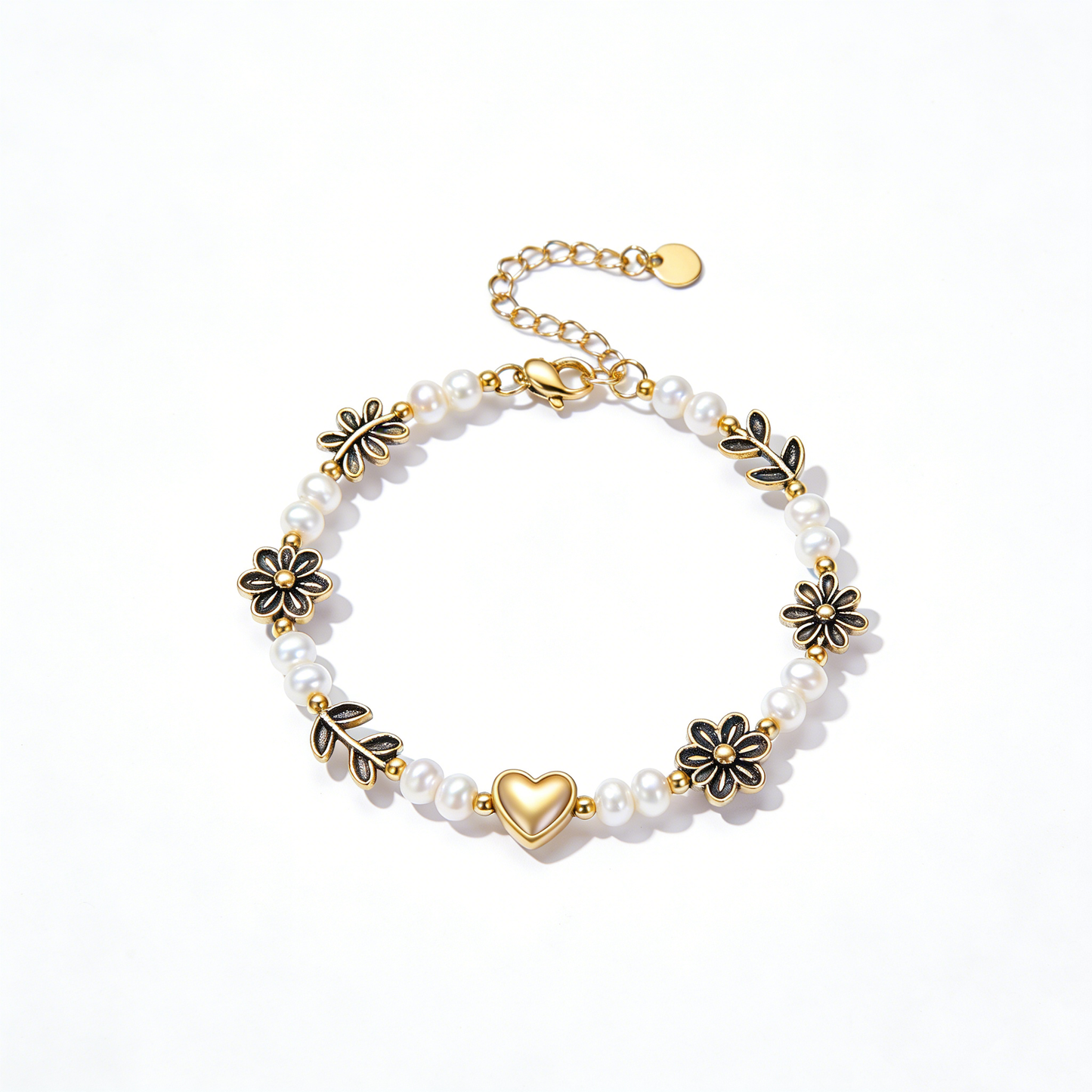 Vintage Gold Heart & Daisy Bracelet