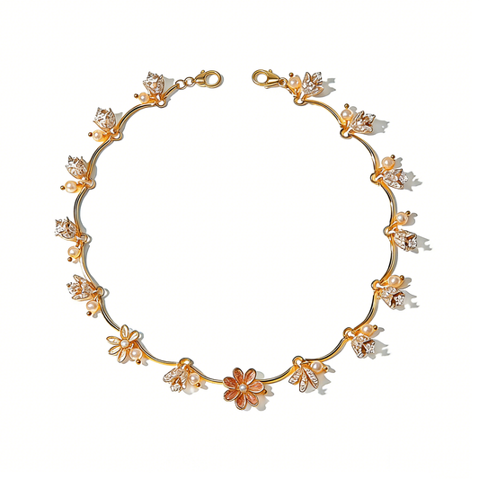 Gold Floral & Leaf Pearl Bracelet
