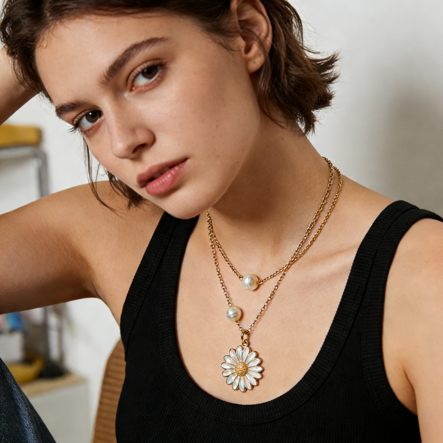 Gold Double Layer Daisy Pearl Necklace