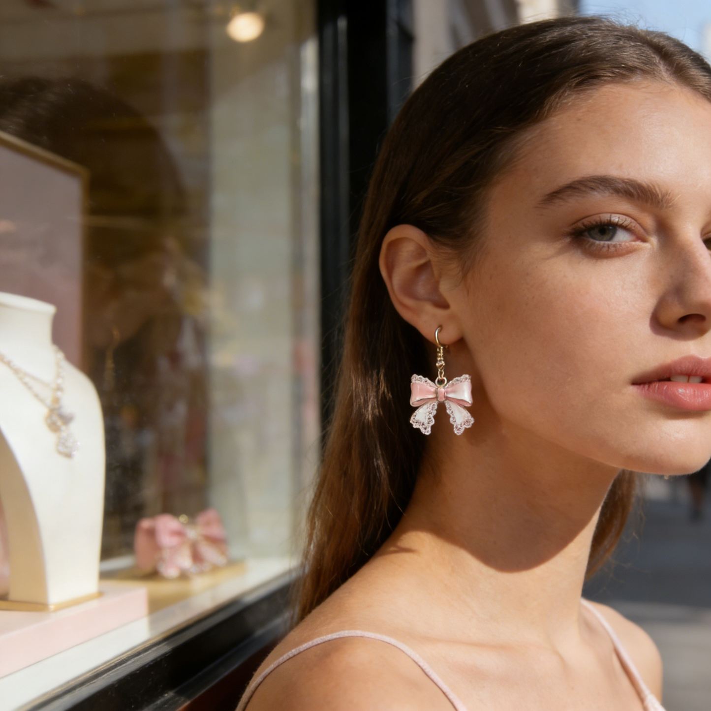 Rose Gold Pink & White Bow Drop Earrings