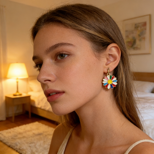 Gold Multicolor Enamel Daisy Drop Earrings